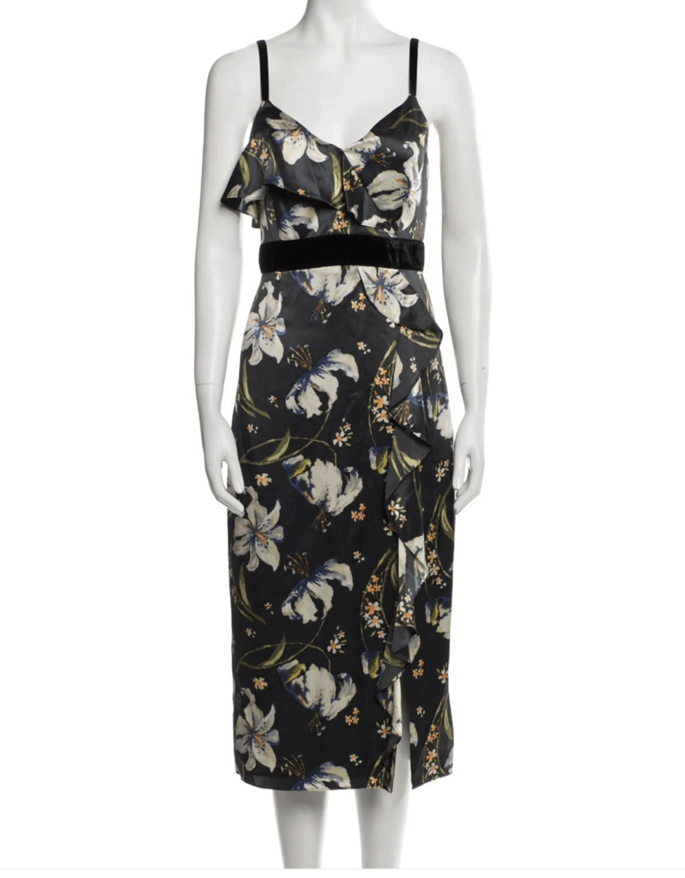 New Cinq A Sept Leena Black Floral Velvet Silk Midi Dress Womens Size 0 Wedding